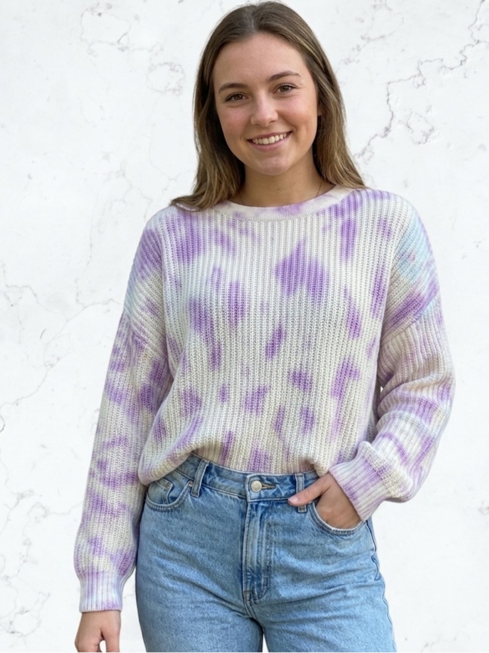 Victoria + Sophia Tie Dye Ribbed Sweater Pastel Boho Drop Shoulder 100% Cotton L